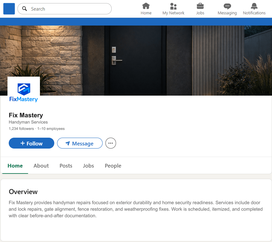 FixMastery.com LinkedIn Company Page mockup
