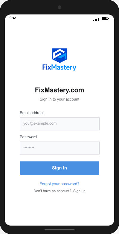 FixMastery.com Login Screen mockup