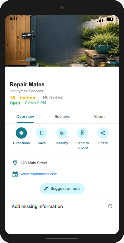 RepairMates.com Google Business Profile mockup