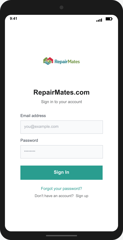 RepairMates.com Login Screen mockup
