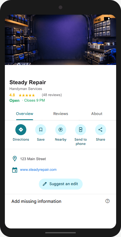SteadyRepair.com Google Business Profile mockup