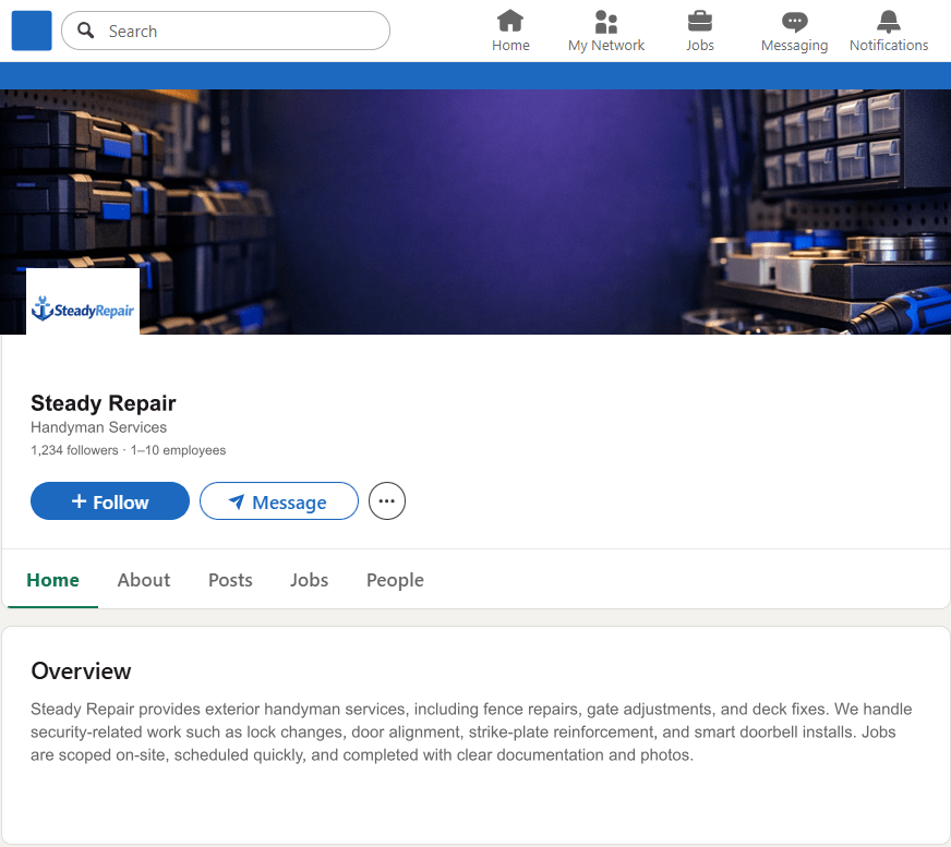 SteadyRepair.com LinkedIn Company Page mockup