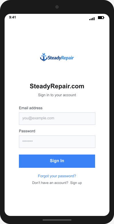 SteadyRepair.com Login Screen mockup