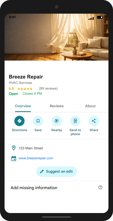 BreezeRepair.com Google Business Profile mockup