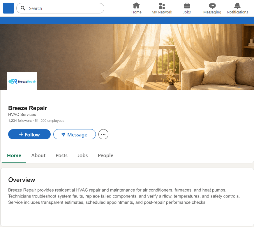 BreezeRepair.com LinkedIn Company Page mockup