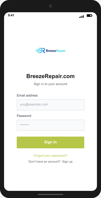 BreezeRepair.com Login Screen mockup