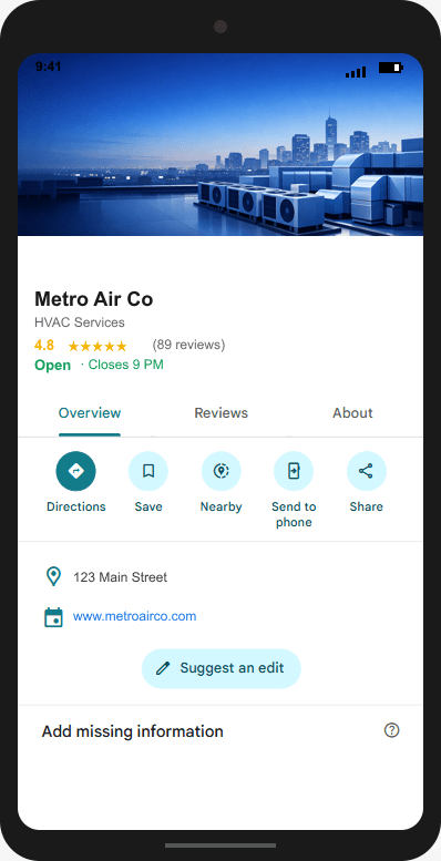 MetroAirCo.com Google Business Profile mockup