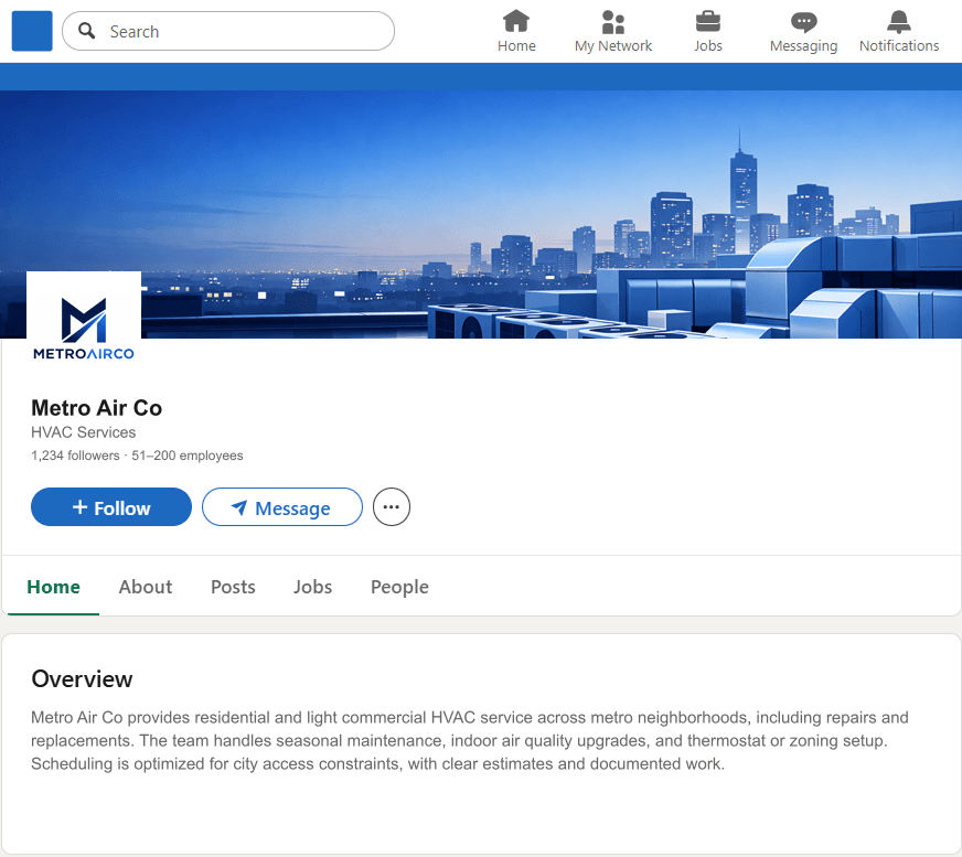 MetroAirCo.com LinkedIn Company Page mockup