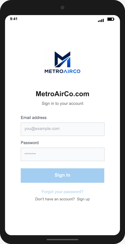 MetroAirCo.com Login Screen mockup