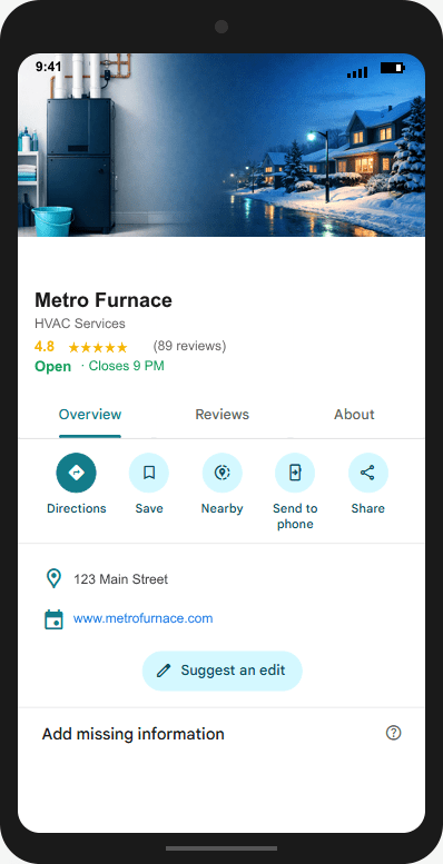 MetroFurnace.com Google Business Profile mockup