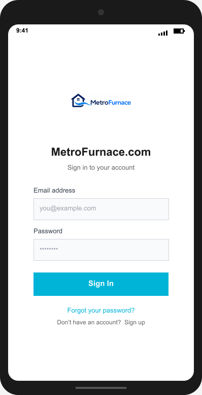 MetroFurnace.com Login Screen mockup
