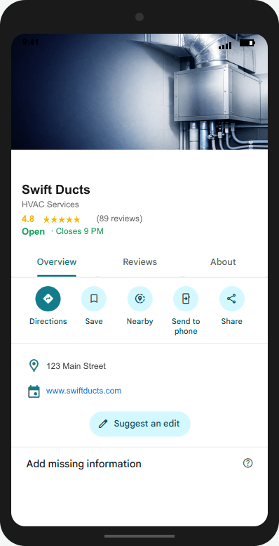 SwiftDucts.com Google Business Profile mockup