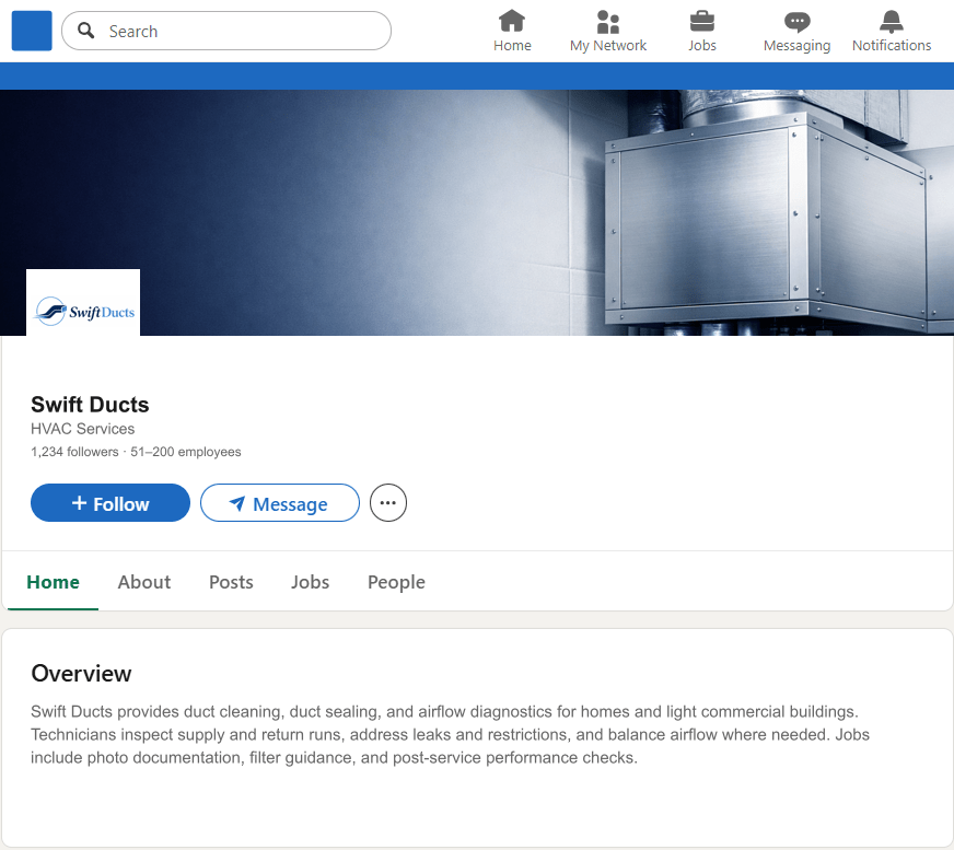 SwiftDucts.com LinkedIn Company Page mockup