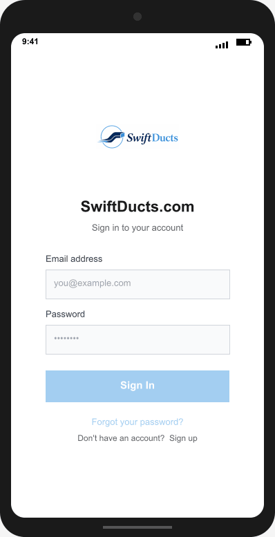 SwiftDucts.com Login Screen mockup