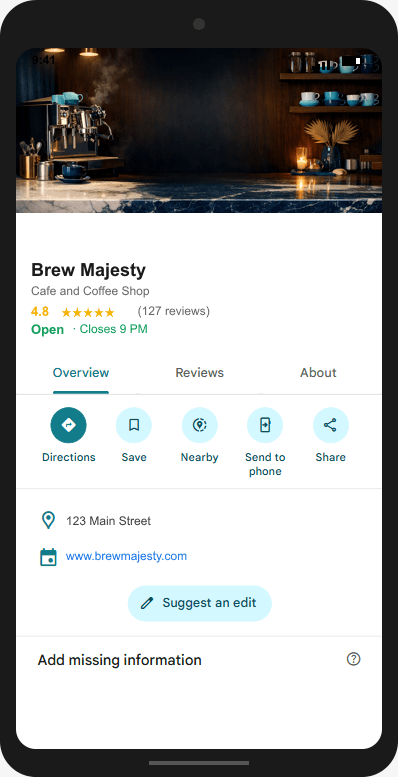 BrewMajesty.com Google Business Profile mockup