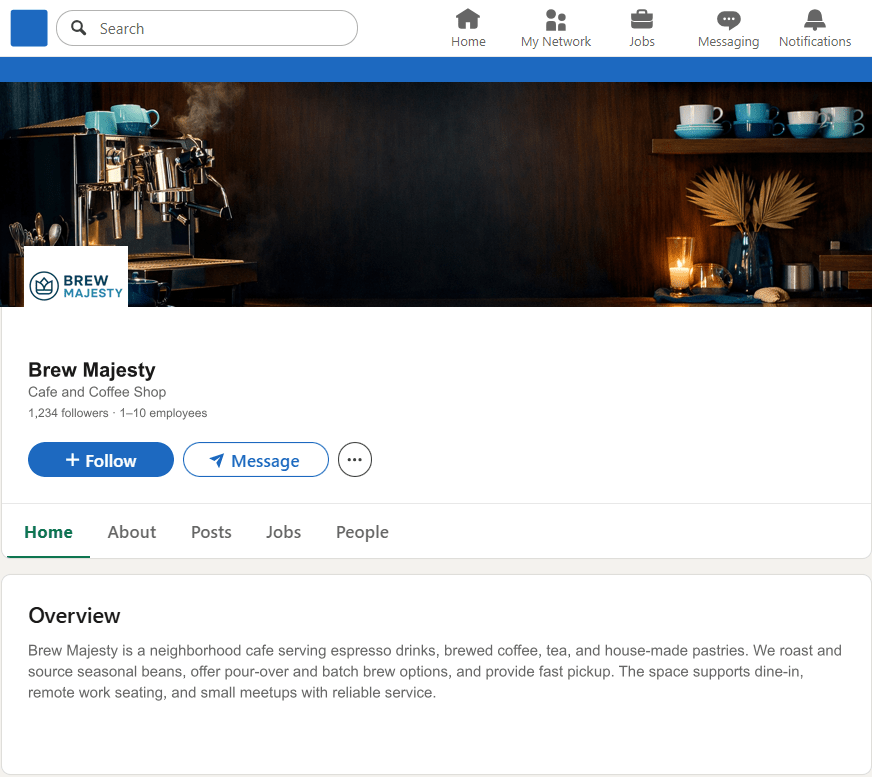 BrewMajesty.com LinkedIn Company Page mockup