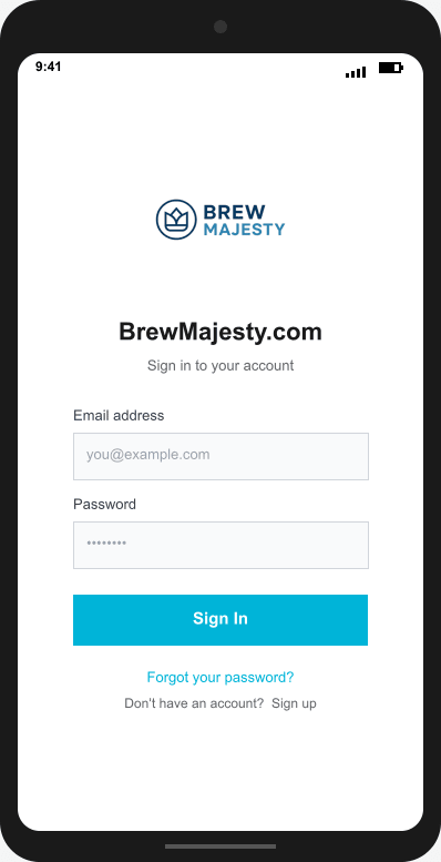 BrewMajesty.com Login Screen mockup