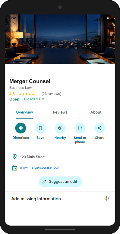 MergerCounsel.com Google Business Profile mockup