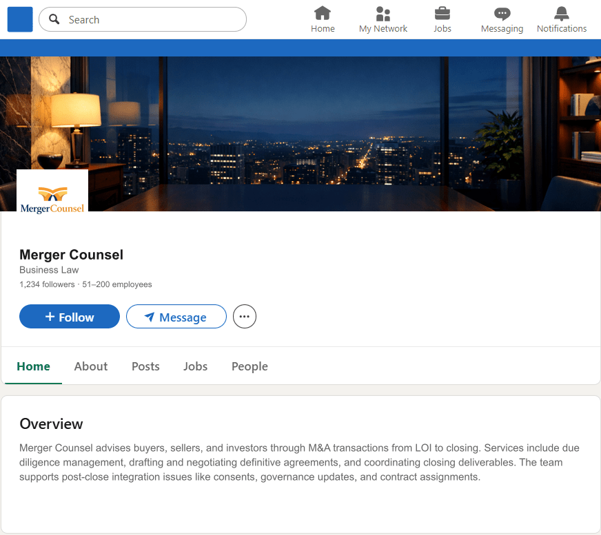 MergerCounsel.com LinkedIn Company Page mockup