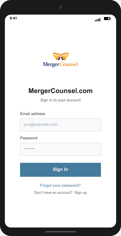 MergerCounsel.com Login Screen mockup
