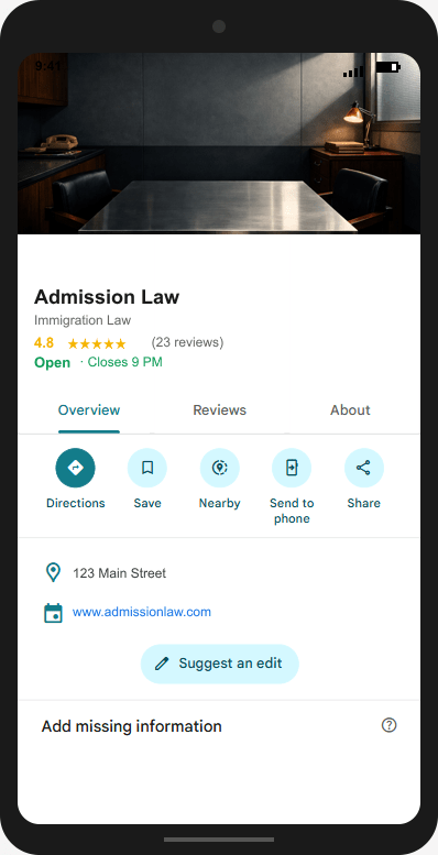AdmissionLaw.com Google Business Profile mockup