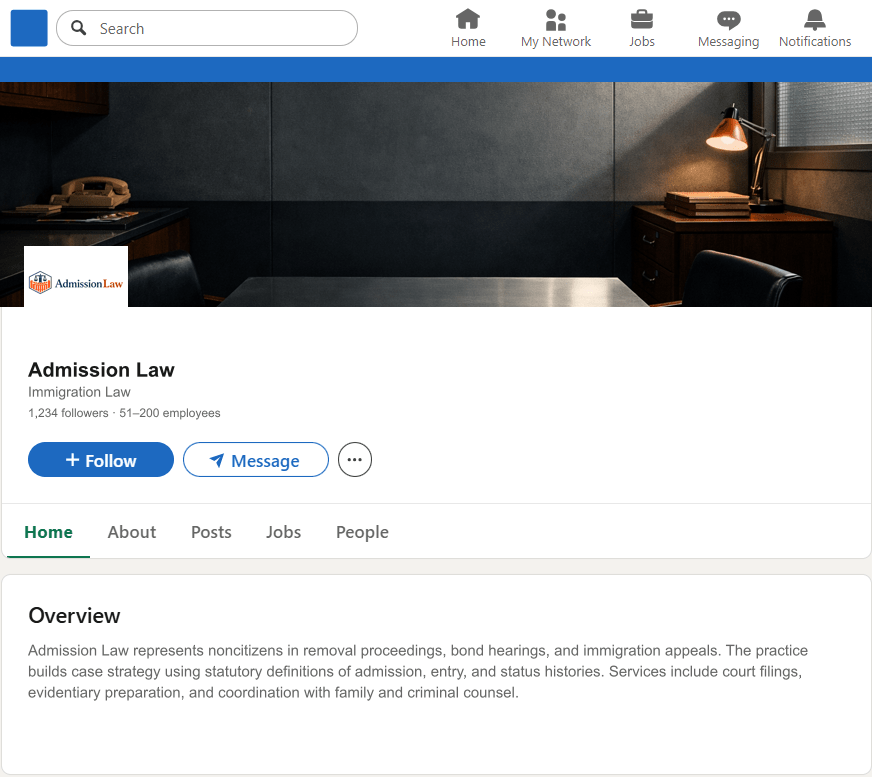 AdmissionLaw.com LinkedIn Company Page mockup
