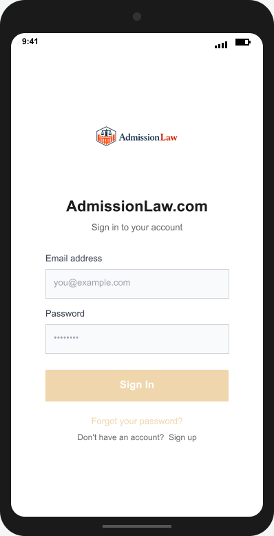 AdmissionLaw.com Login Screen mockup