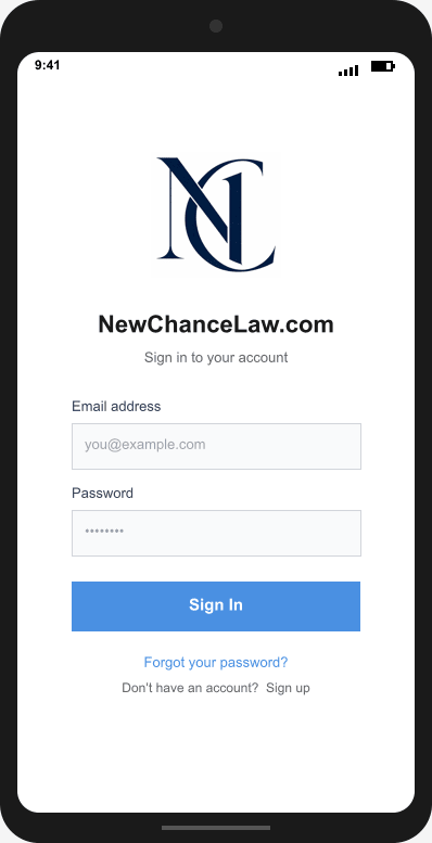 NewChanceLaw.com Login Screen mockup