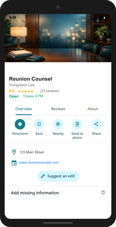 ReunionCounsel.com Google Business Profile mockup