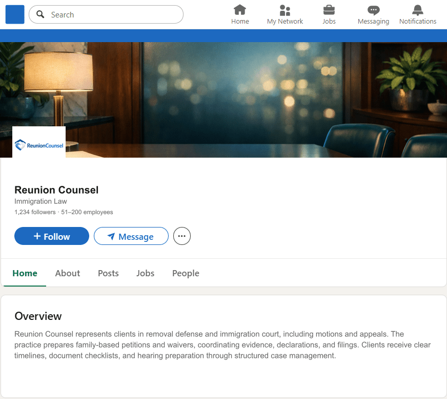ReunionCounsel.com LinkedIn Company Page mockup