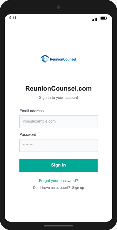 ReunionCounsel.com Login Screen mockup