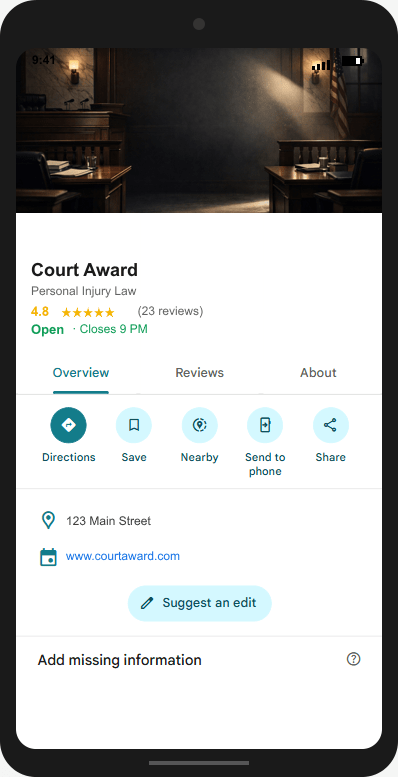 CourtAward.com Google Business Profile mockup