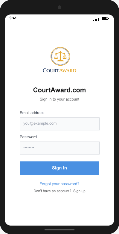 CourtAward.com Login Screen mockup