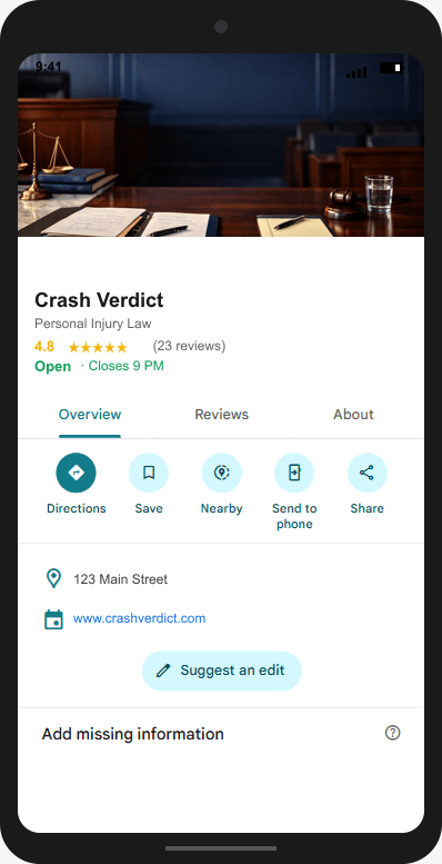 CrashVerdict.com Google Business Profile mockup