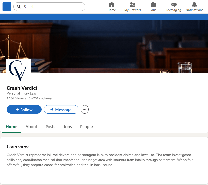 CrashVerdict.com LinkedIn Company Page mockup