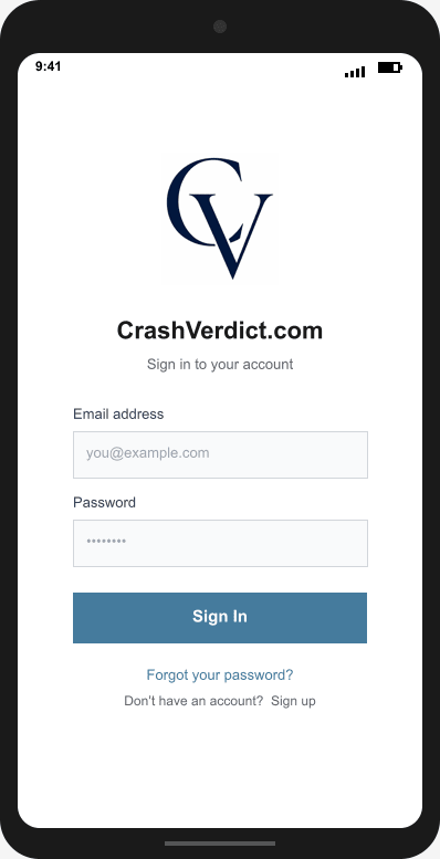 CrashVerdict.com Login Screen mockup