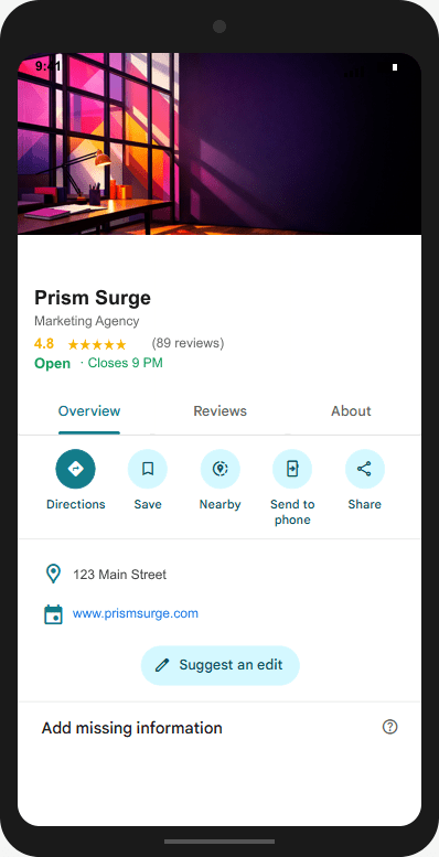 PrismSurge.com Google Business Profile mockup