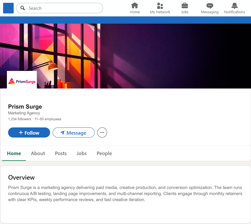 PrismSurge.com LinkedIn Company Page mockup