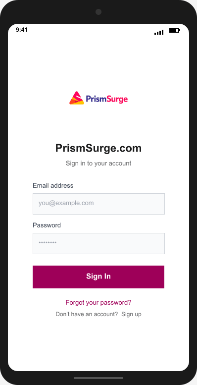 PrismSurge.com Login Screen mockup