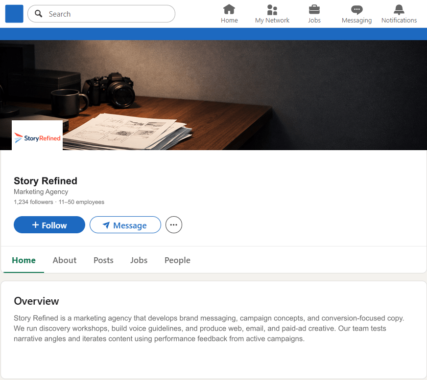 StoryRefined.com LinkedIn Company Page mockup