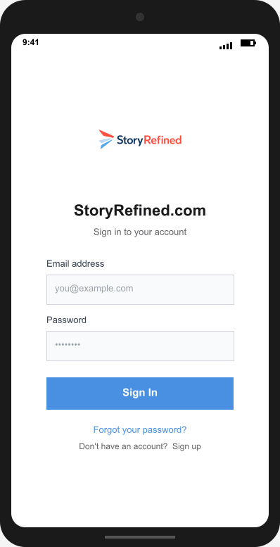 StoryRefined.com Login Screen mockup