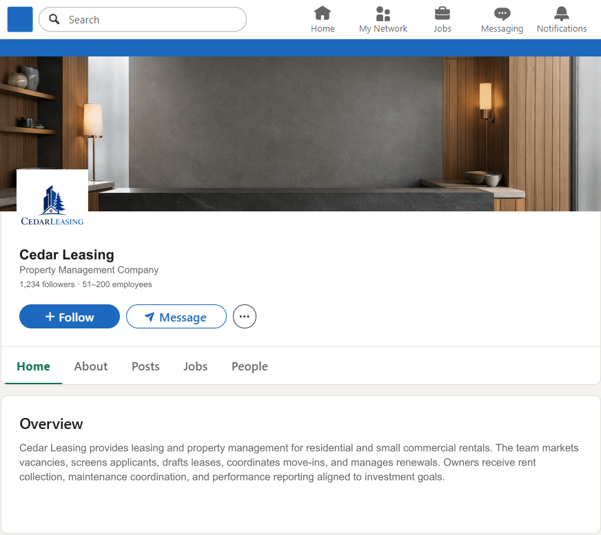 CedarLeasing.com LinkedIn Company Page mockup