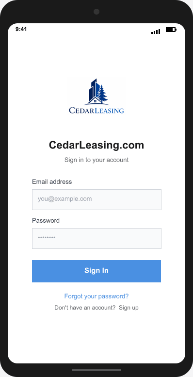 CedarLeasing.com Login Screen mockup
