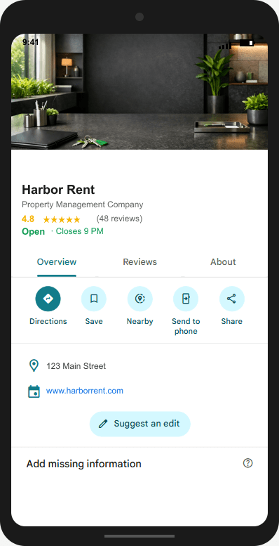 HarborRent.com Google Business Profile mockup