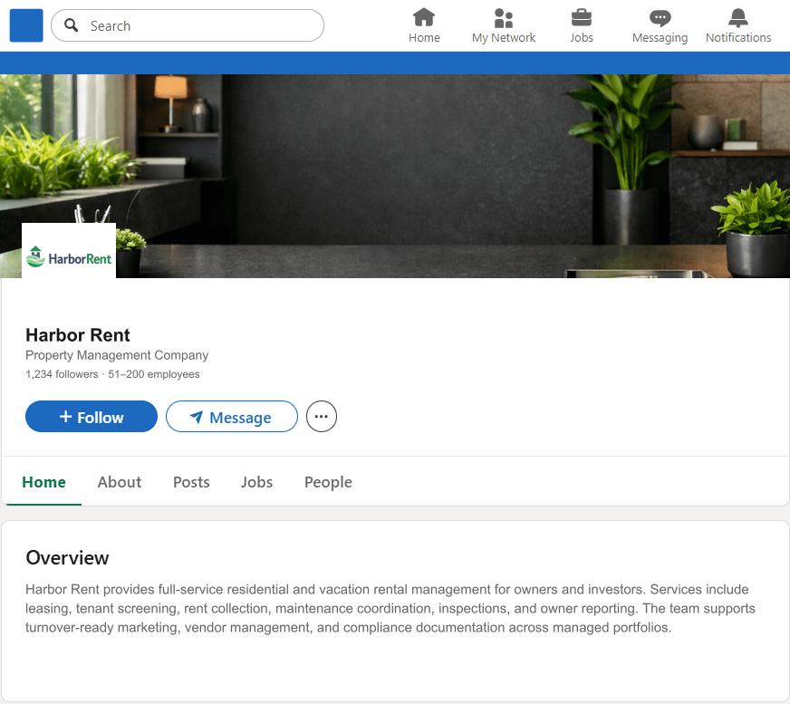 HarborRent.com LinkedIn Company Page mockup