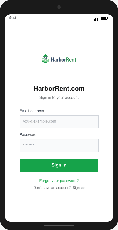 HarborRent.com Login Screen mockup