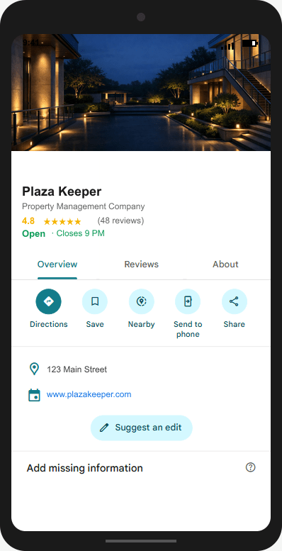 PlazaKeeper.com Google Business Profile mockup