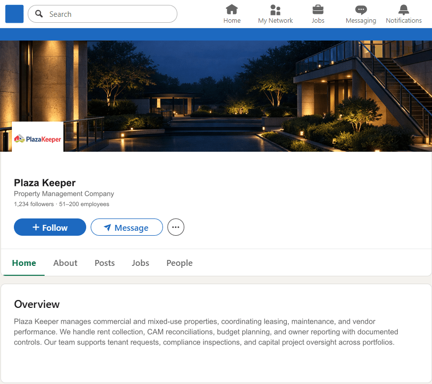 PlazaKeeper.com LinkedIn Company Page mockup