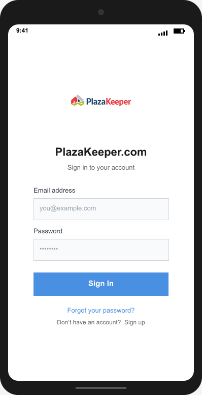 PlazaKeeper.com Login Screen mockup