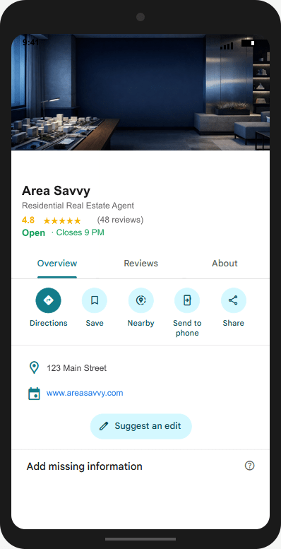 AreaSavvy.com Google Business Profile mockup